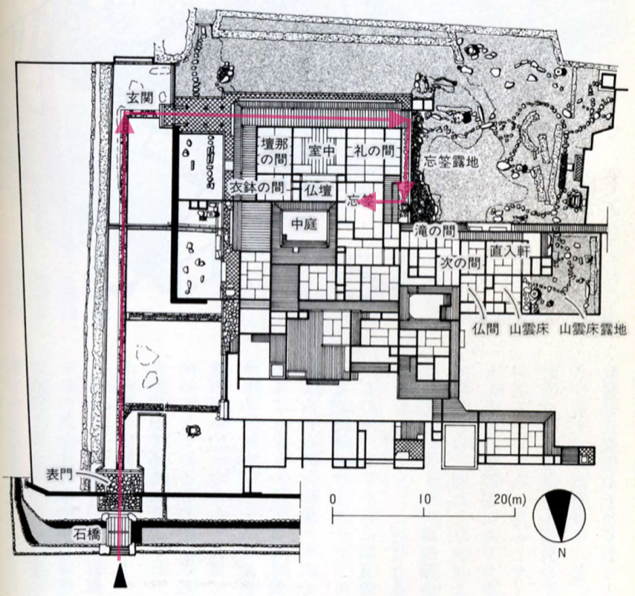 An architectural drawing of Koho-an seen from above, with arrows overlaid over the stone bridge and the front gate at bottom-left, the straight stone pavement on the left side, the main hall's veranda on the top side, the narrow teahouse garden between the main hall on the left and the temple's bigger garden on the right, and the veranda and the inside of Teahouse Bosen to the left of the end of the teahouse garden.