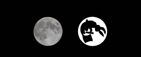 The moon is shown side by side with an illustration of a white circle of the same size in which a rabbit holding a pestle and sitting in front of a mortal is drawn in black silhouette.